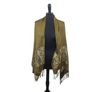Sax Cape Scarf Wrap Black Metallic Gold Paisley Boho Witchy Cozy Fall